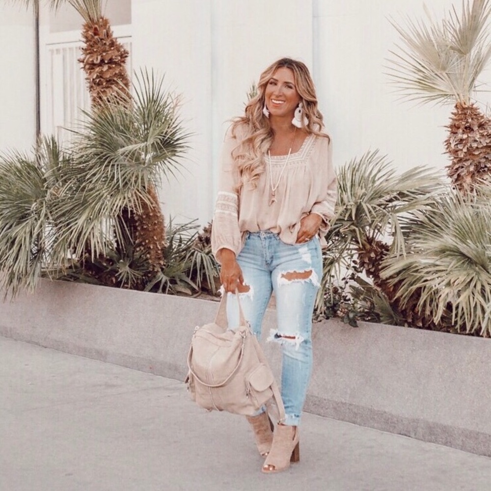 Tan Boho Balloon sleeve Blouse Sz M